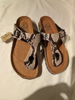 Indigo Bay Snake-Print T-Strap Sandals in Brown & Black